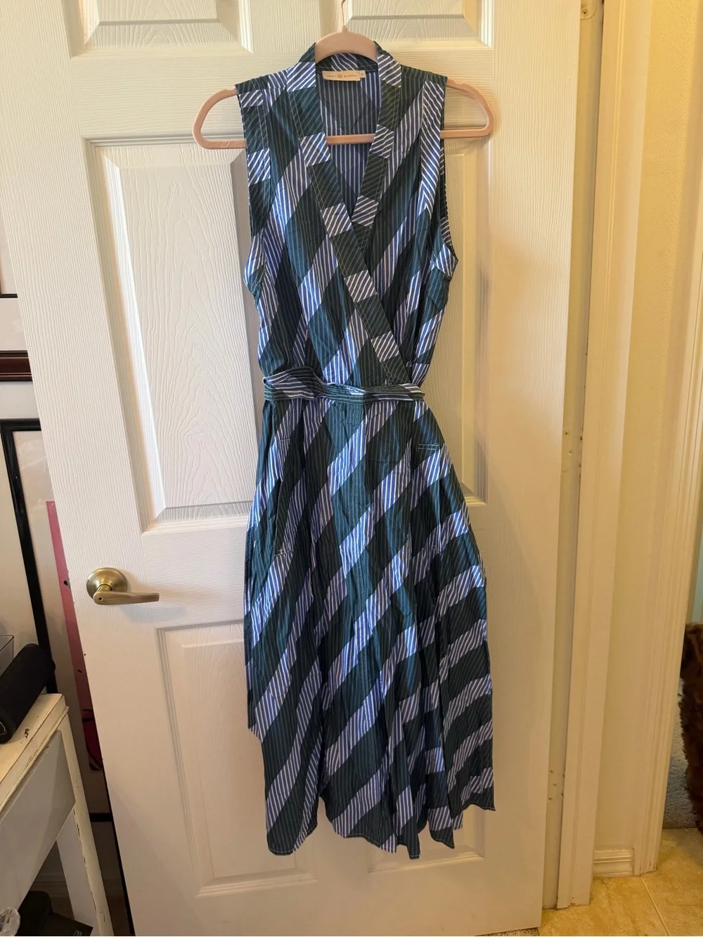Tory Burch Green & White Sleeveless Wrap Midi Dress